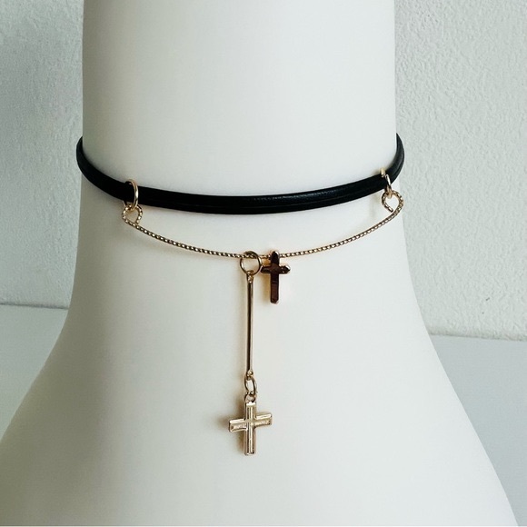 ⭐️Black Leather Gold Bar Double Cross Slider Minimalist Choker Necklace - Picture 3 of 6